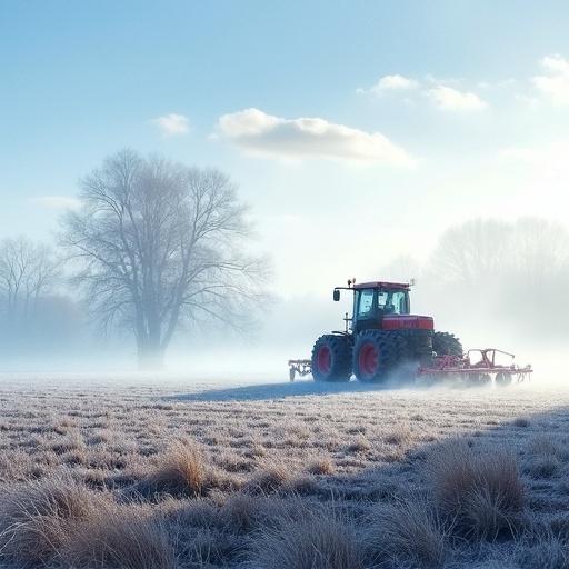 Watercolor painting of foggy morning in agricultural fields. A tractor plows frosted fields. Silhouettes of trees visible through mist. Blue sky with white clouds. High contrast morning mood. Scene embodies rural life awakening to new day.