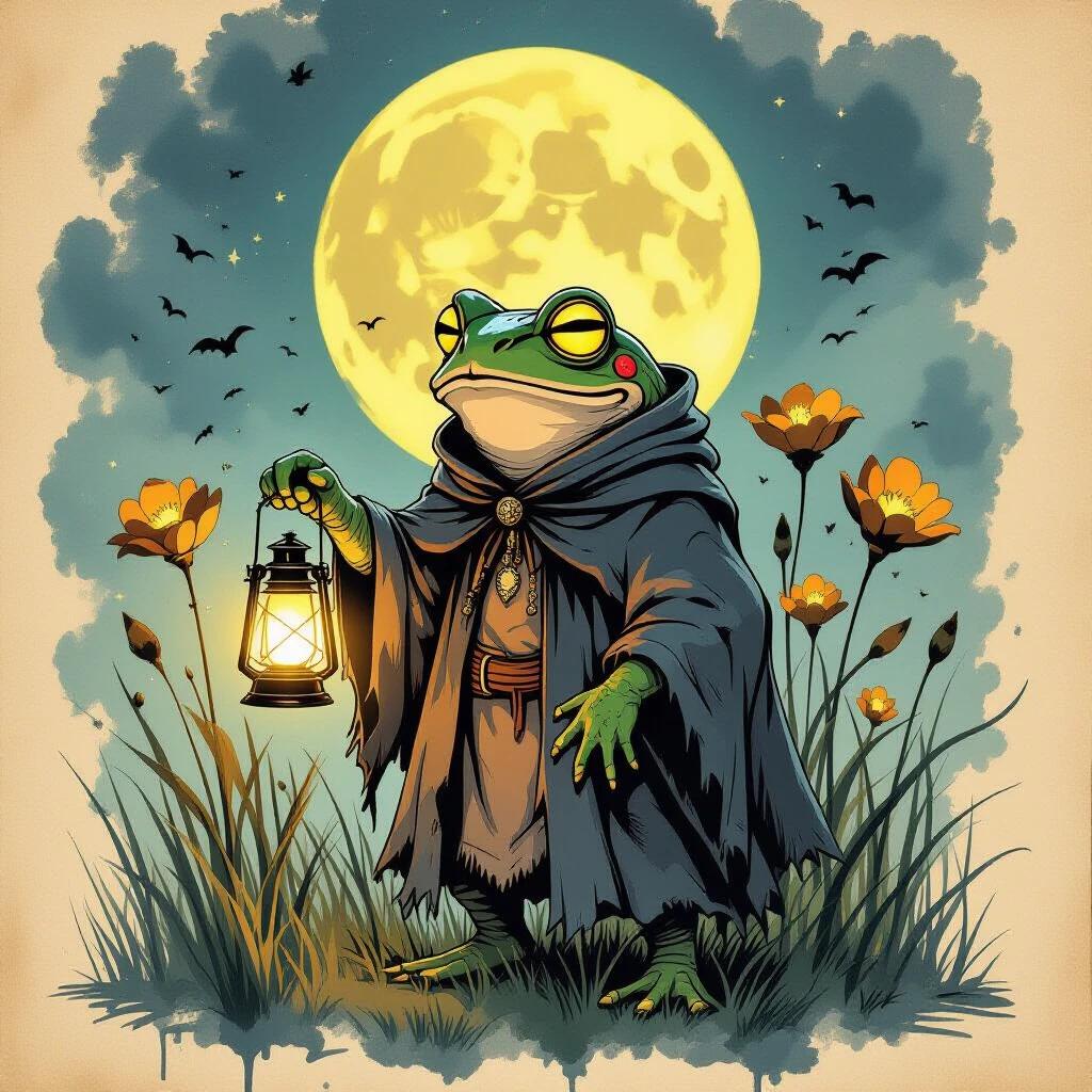 A fantasy illustration features an anthropomorphic toad in a ragged cloak. Toad holds a lantern standing in tall grass. The scene includes abstract ink flowers. Toad has glowing yellow eyes. A full moon illuminates the background. The style is dreamy with ink splatters and surreal elements. The atmosphere is moody and poetic against a parchment-like background, showcasing scratchy lines and whimsical shadows.
