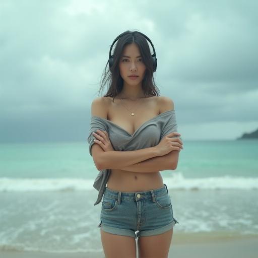 Ultra-realistic portrait of a female character on a cloudy beach, visible from head to upper thighs in a 16:9 frame, arms folded, facing forward. She wears over-ear headphones and an off-shoulder top, with fitted shorts, evoking confidence and relaxation. Natural curves and features depicted realistically in soft, natural lighting.