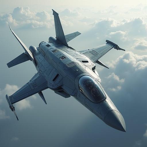 Highly advanced fighter jet with intricate designs. Jet flying at an extremely high altitude among soft clouds. Emphasis on sci-fi elements and technology.