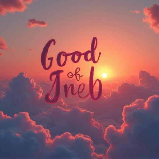 A photorealistic sunset scene features clouds spelling 'good job amelia !'. Warm colors dominate the sky with the sun setting in the background. Letters appear fluffy like clouds.