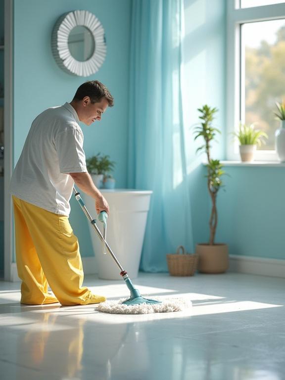 Man cleaning a bright room with a mop. Yellow pants and white shirt. Light blue wall and large window. Plants and mirror visible in the background.