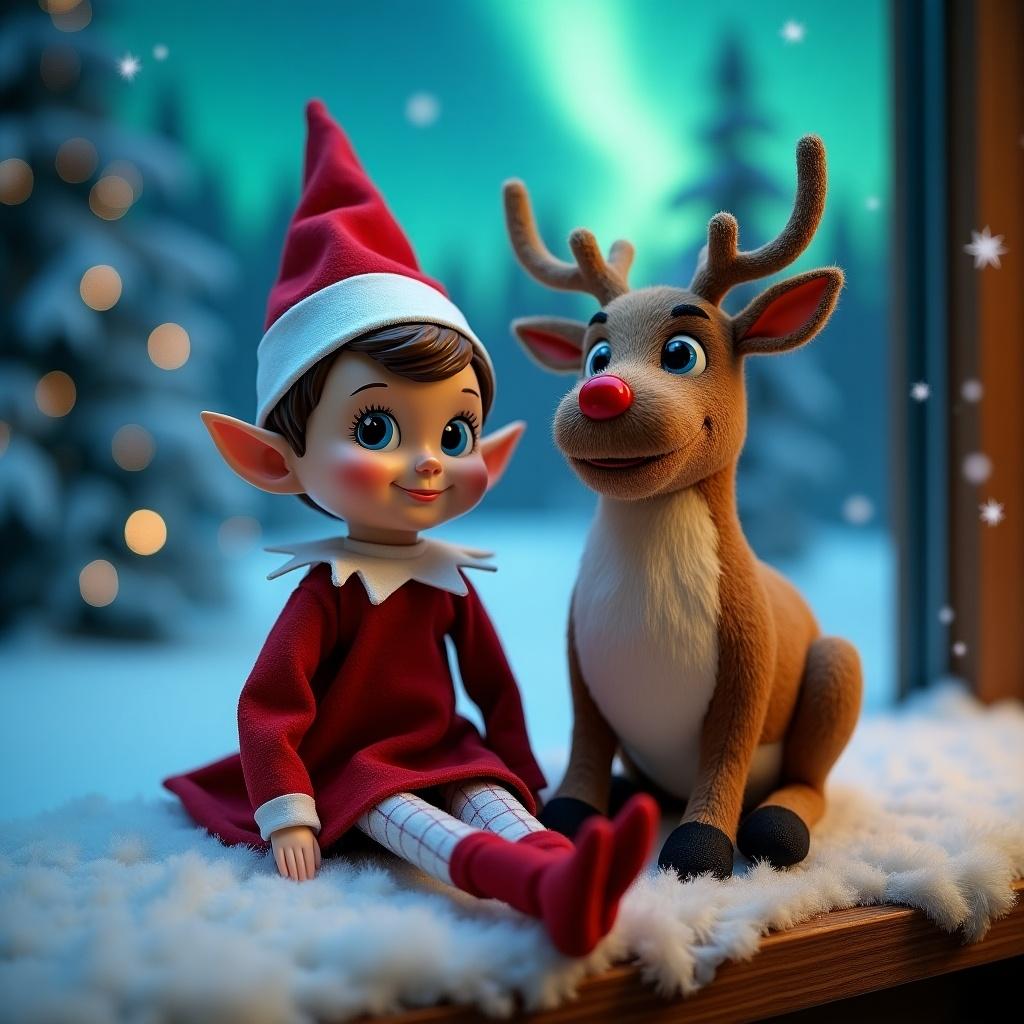 Elf doll with blue eyes and red outfit sits next to realistic Rudolph the Red-Nosed Reindeer. Snowy forest backdrop with aurora lights in the sky. Cozy setting with a festive feel.