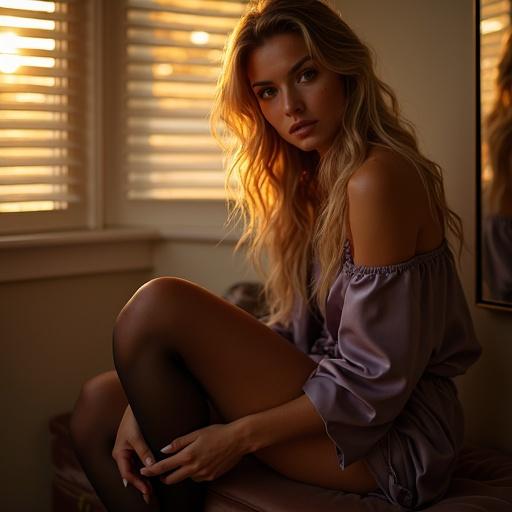 A cozy changing room with warm golden-hour light. A model sits on a velvet-cushioned bench. She pulls on sheer black stockings. Long blonde hair with purple streaks cascades down. Violet eyes are half-lidded with focus. Sun-kissed skin is lightly flushed. She wears a silky robe slipping off one shoulder. The model's posture shows a blend of casual intimacy.