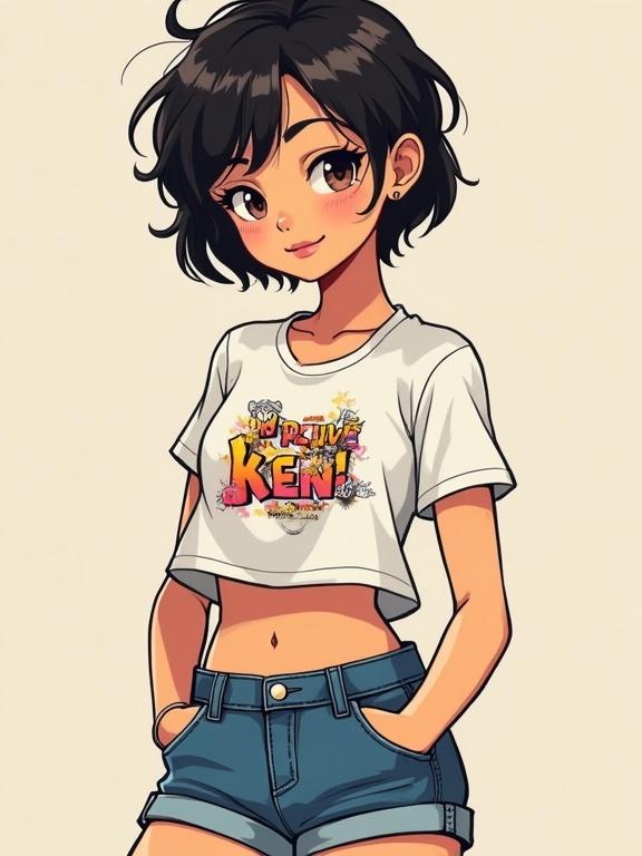 Upper body portrait of a teenage girl. She has an impish and cute expression with hazel eyes and a snub nose. The girl has short dark messy wavy hair. She is wearing a cropped graphic t-shirt and denim shorts. The background is trendy. The illustration style uses soft and diffused lights with smooth lines and shading.