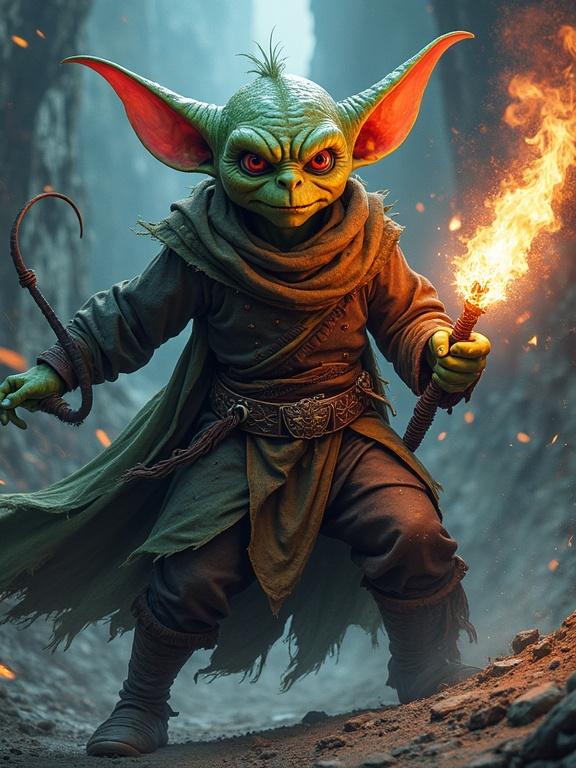 Goblin sorcerer in action with distinct features. Dark fantasy background with intricate details. Realistic and anime colors mixed with dynamic cel-shading. Heavy line work enhances design. Speed lines enhance movement. Vivid colors and particle effects in Ufotable style.