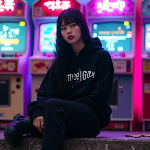 Full-body fashion photo of a slim East Asian girl in a black oversized hoodie sitting on concrete arcade steps inside a retro gaming center. Neon arcade machines glow in the background. Cinematic lighting creates shadows. Stylish urban pose and relaxed confidence. Photorealistic and immersive.