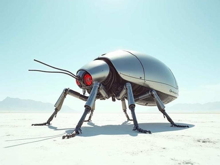 Huge sleek silver biomechanical bug with red LED details in a white desert under a clear blue sky. The scene captures cinematic shadows and realistic textures.
