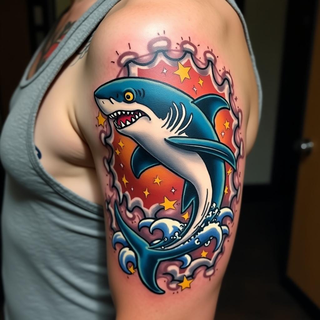 Tattoo of a shark in American traditional style. Shark depicted in vibrant colors. Waves and stars surrounding the shark. Tattoo placed on a person's shoulder.