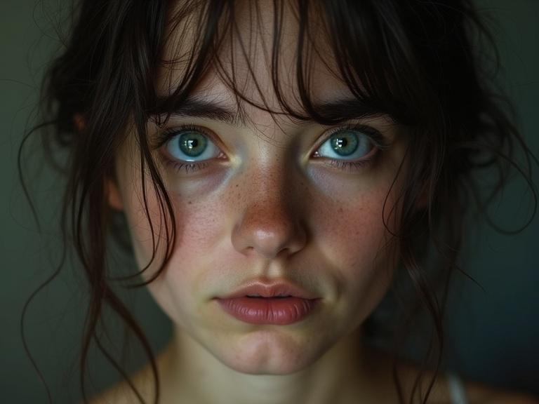 Portrait of a young person. Expression of disappointment and astonishment. Deeply textured image full of emotion. Sharp focus and clarity. Unique and captivating.