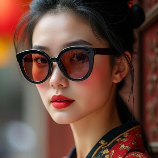 Close-up portrait of an ancient Chinese woman wearing sunglasses. Red lipstick accentuates her features. She has long hair styled elegantly. Traditional attire provides a cultural touch.