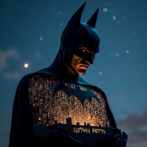 Photograph shows striking silhouette of Batman against night sky. Miniature Gotham City is inside his form with glowing lights and detailed blueprint. Words Gotham City are etched at the base. Ethereal glow contrasts darkness. Soft moonlight highlights Batman's sharp lines and distant stars shine softly.