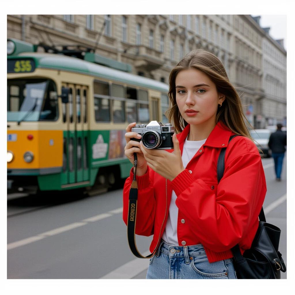 Street photography snapshot from Bucharest in 1985. Young woman with acid-wash jeans and red windbreaker takes a photo. She holds a Zenit EM camera with Helios 44-2 lens. Background features concrete apartment blocks and a queue at an Alimentara store. Ground is slick with rain reflecting neon signs. Helios swirly bokeh is apparent in the foreground.