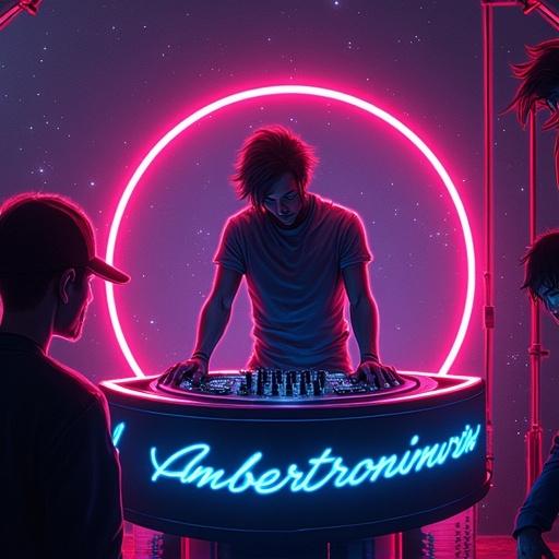 Futuristic album cover featuring DJ Ambertronixx in a neon-themed setting.