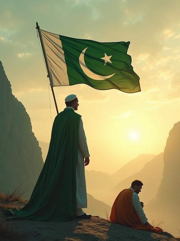 A dignified figure clad in green and white holds the Pakistan flag high. The figure expresses calm confidence amidst golden light. A solemn figure in saffron sits nearby, absorbed in thought. Sunset casts shadows over abstract mountains. The scene balances movement and stillness, capturing national pride and resilience.