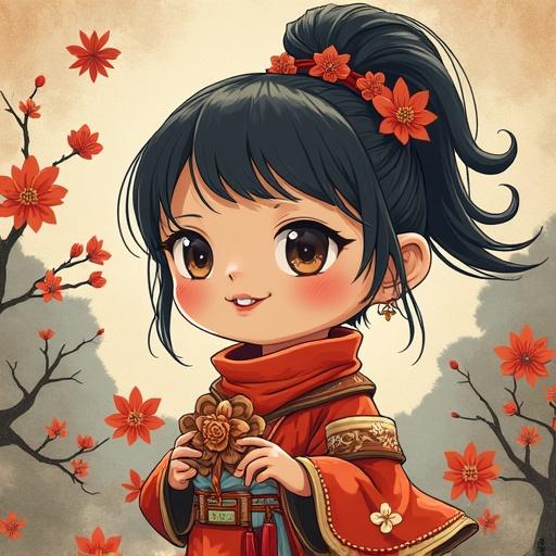A cute character with black hair holding a flower in an anime style. The character wears traditional attire and has flowers in their hair. The background features branches and blossoms.