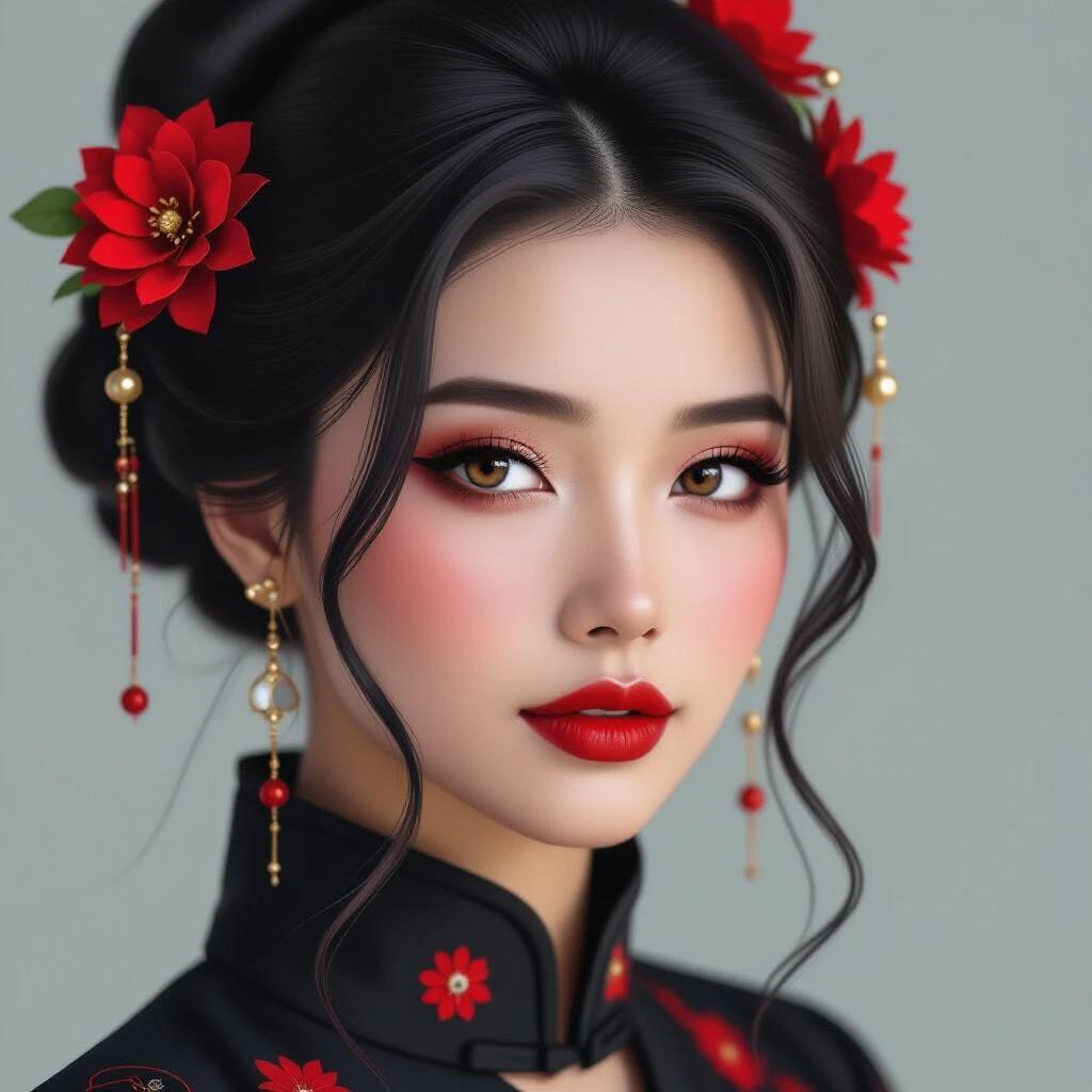 Oriental woman with mesmerizing eyes bright red color black lipstick intricate red-streaked hair dressed in gothic style realistic look