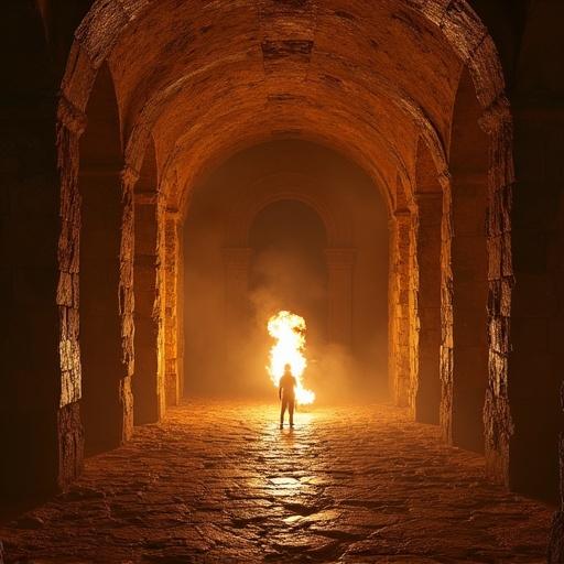 Underground temple with towering stone columns. A figure stands amidst fire. Flaming torches illuminate the surroundings. Shadowy and mysterious atmosphere.