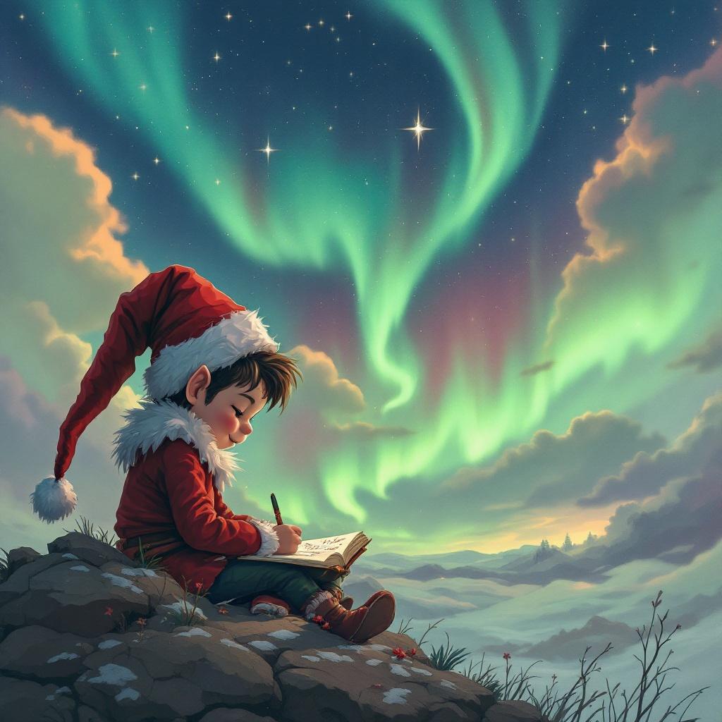 A child dressed as an elf wearing a Santa hat sits on a rocky ledge, deeply focused on writing in a book. The backdrop features a stunning display of northern lights illuminating the night sky with vivid colors. The scene captures a magical winter ambiance, evoking the spirit of Christmas. The child appears hopeful and whimsical, embodying the joy of the holiday season. Stars twinkle above, adding to the enchanting atmosphere of the moment.