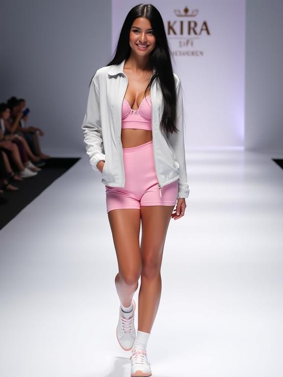 A young slim woman walks down a white runway wearing a white zip-up jacket over a pink sports bra and pink athletic shorts. She has long black hair and fair skin. The model smiles sweetly at the camera. White sneakers with pink accents and mid-length white socks complete her look. A Kira Shop sign is in the background.
