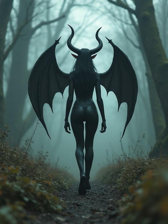 A character with horns and bat wings walks along a path in a misty forest. The environment is dark and atmospheric. The character has a tail and has a hyper realistic fantasy style.