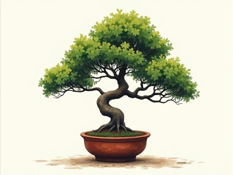 Super realistic bonsai tree screen print. Art is hand painted acrylic. The tree has bold high contrast leaves. Background is simple. The trunk is wonky and gnarly. The tree is in a simple clay pot.
