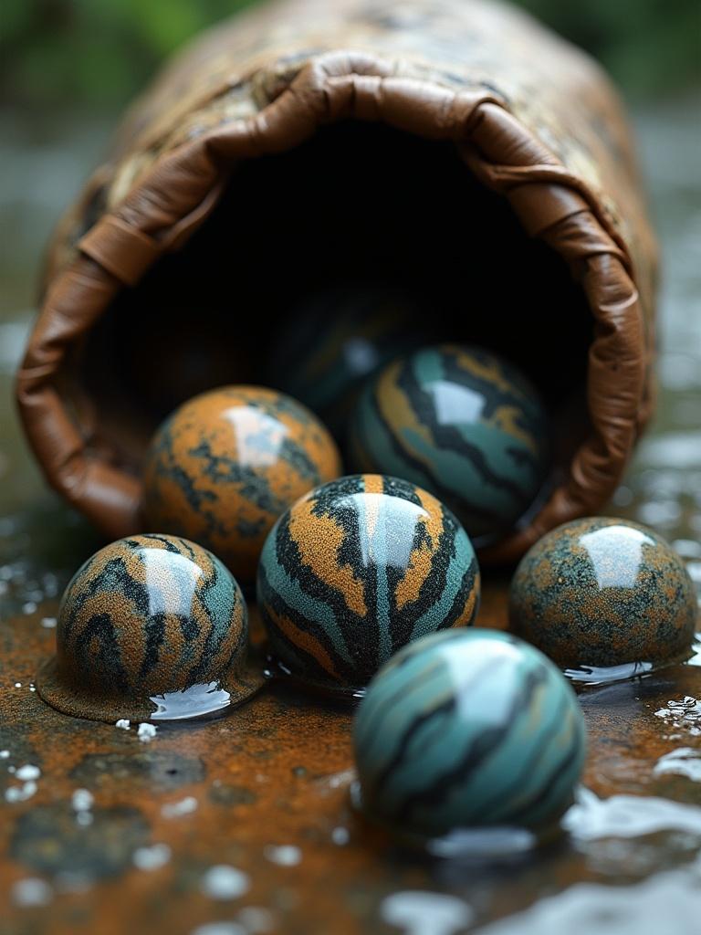 Marbles made of striped tiger shark skin spill out of a worn sack of shark skin scraps. Scene depicts a river basin similar to the Amazon. Marbles show realistic patterns and colors. The sack is flexible and handcrafted. Wet surface reflects colors.