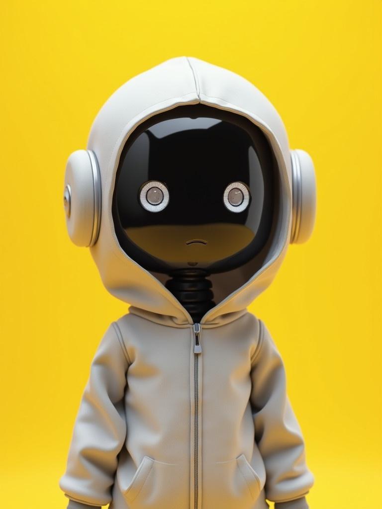 Cute robot character wearing a silver hoodie. The background has a baby yellow color.