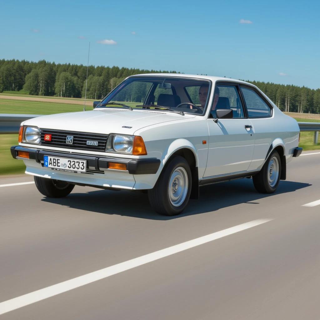 Classic white 1982 Honda in motion on open road with green landscape in background. Car is in good condition showcasing vintage design.