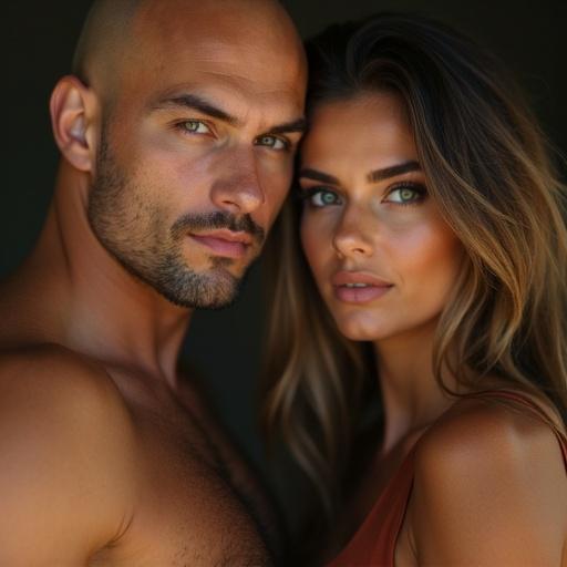 Close portrait of a bald man and a woman with flowing hair. Both are looking at the camera and showcasing their facial features. Soft light highlights their skin tones.