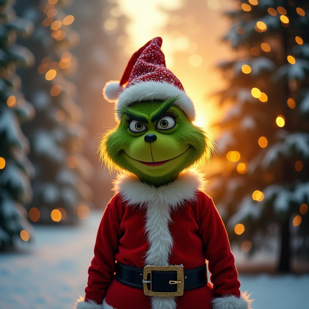 Grinch character wears Santa suit and hat. Warm golden light shines on snow-covered trees. A tall Christmas tree with snow and twinkling lights in the background.