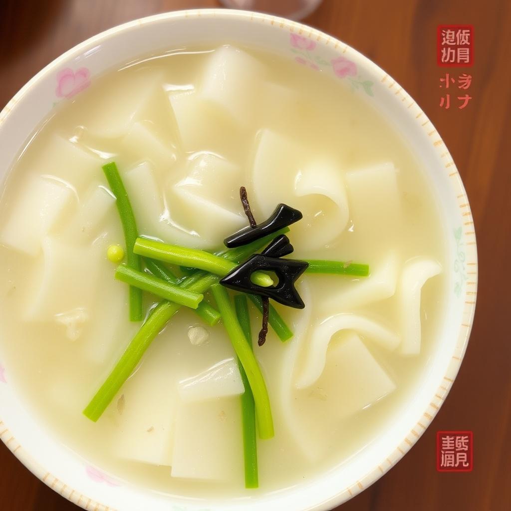 A bowl of white noodle soup with green garnish, presented in a white bowl with floral patterns and artistic calligraphy on the side.