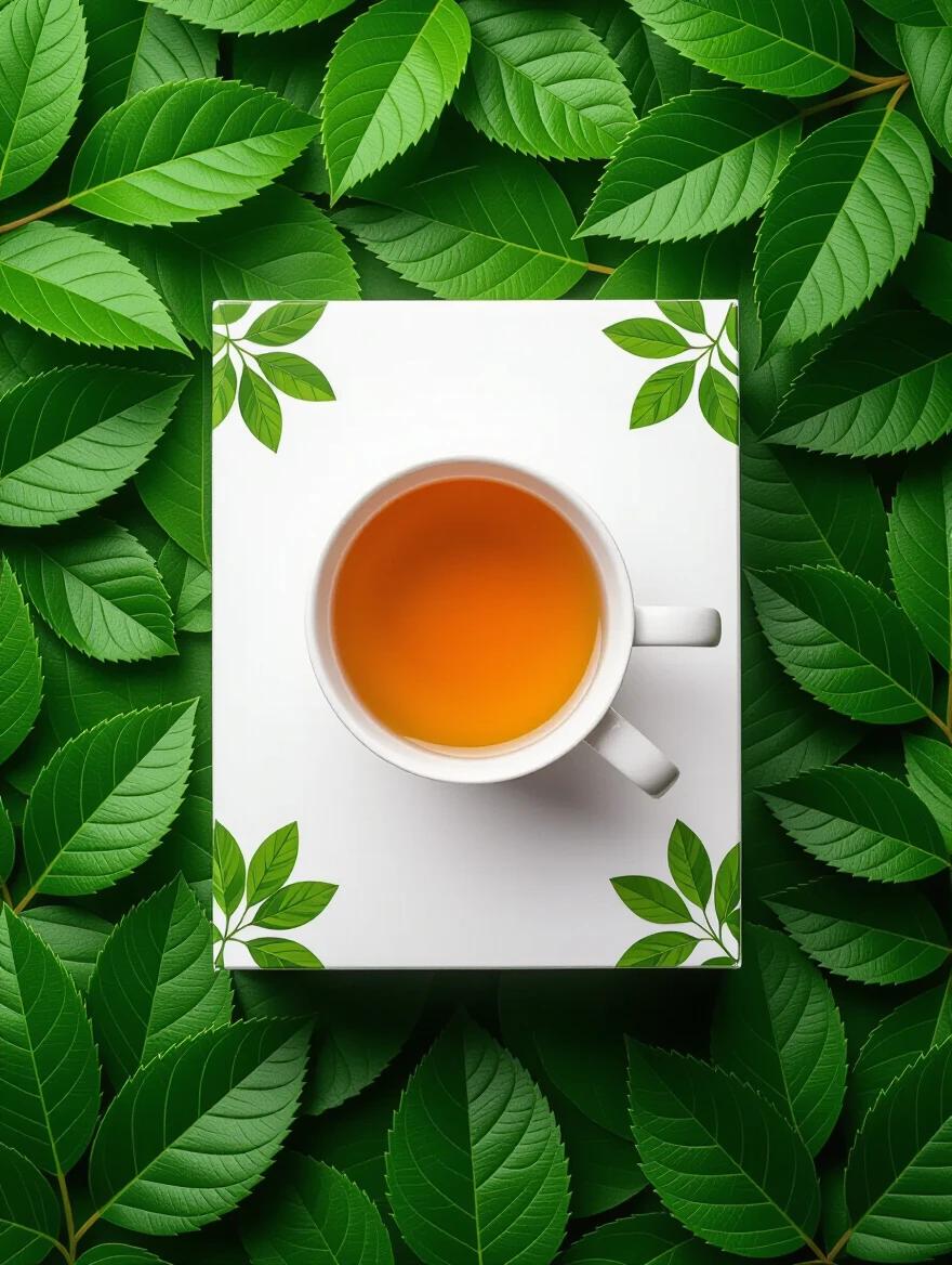 An image of a tea box surrounded by realistic green leaves. The view is from the top showing a cup of tea placed on the box.