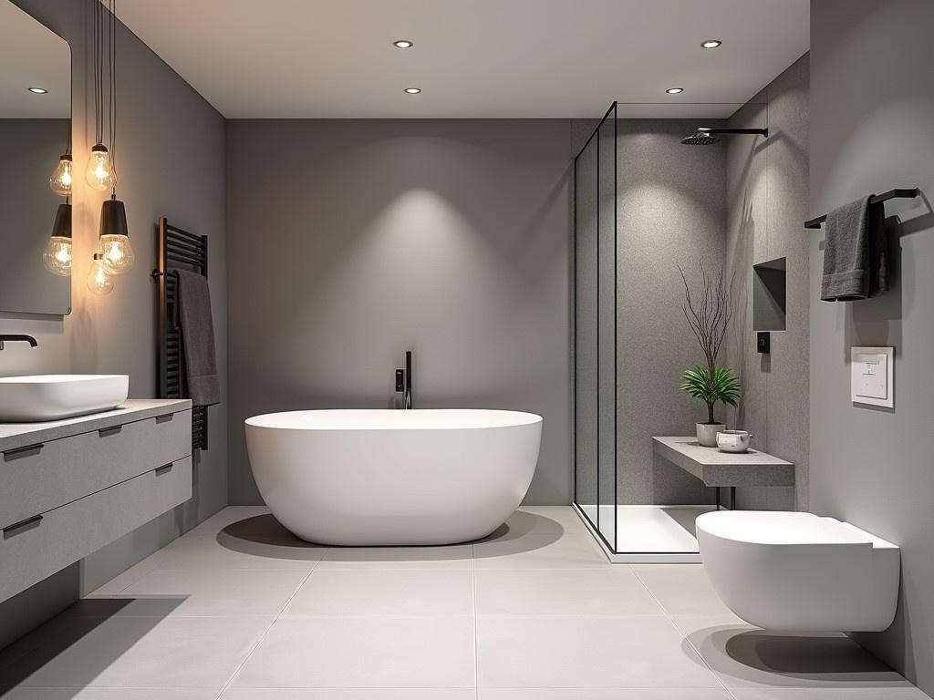 This is a modern bathroom designed with clean lines and minimalist decor. The centerpiece is a luxurious white freestanding bathtub against a backdrop of gray wall tiles. The space is well-lit with recessed lighting and stylish pendant lights that create a warm ambiance. On one side, there is a sleek vanity unit with a modern sink and storage drawers. Adjacent to the bathtub is a walk-in shower with textured tiles and a built-in bench for comfort. The bathroom also features a contemporary toilet and towel warmer, all adding to the overall elegance of the design.