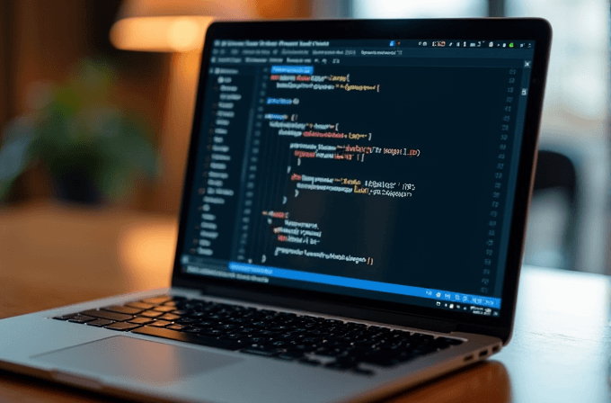 A laptop displaying colorful code lines on a screen in a dimly lit room.