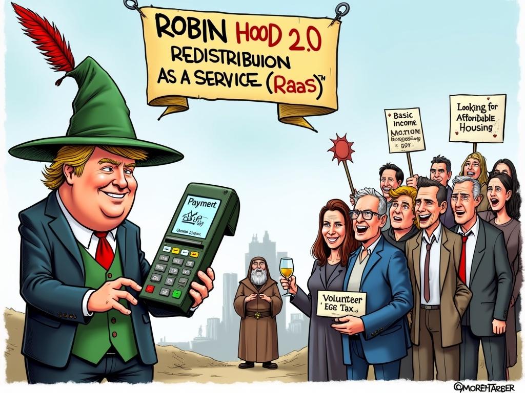 A satirical political cartoon shows Robin Hood as Donald Trump. He wears a suit and feathered hat, smiling with a payment terminal labeled 'Voluntary ESG Tax'. A group of sad-looking poor people holds signs about basic income and affordable housing. Cheerful elites celebrate on the side, with one woman laughing and holding a sign for tax cuts. A banner above reads 'ROBIN HOOD 2.0 – REDISTRIBUTION AS A SERVICE (RaaS)'.