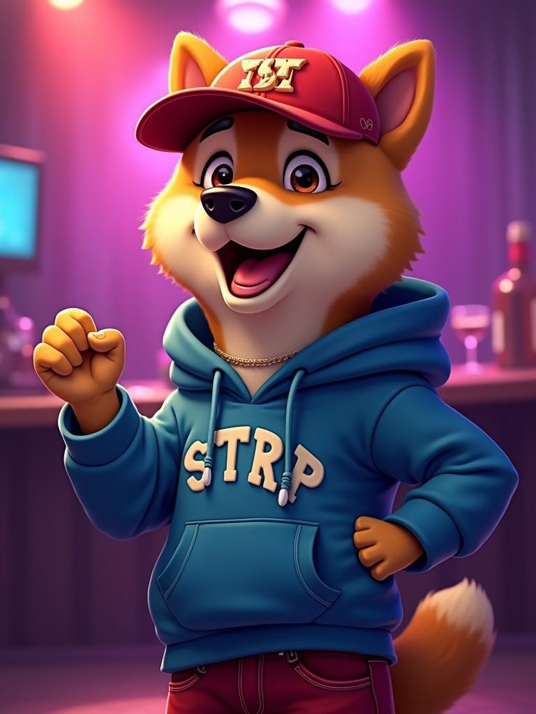 Animated cartoon character of a Shiba dog in a blue hoodie and red jeans at a night club. Character radiates happiness and energy while dancing. The dog wears a red baseball cap and presents a party vibe.