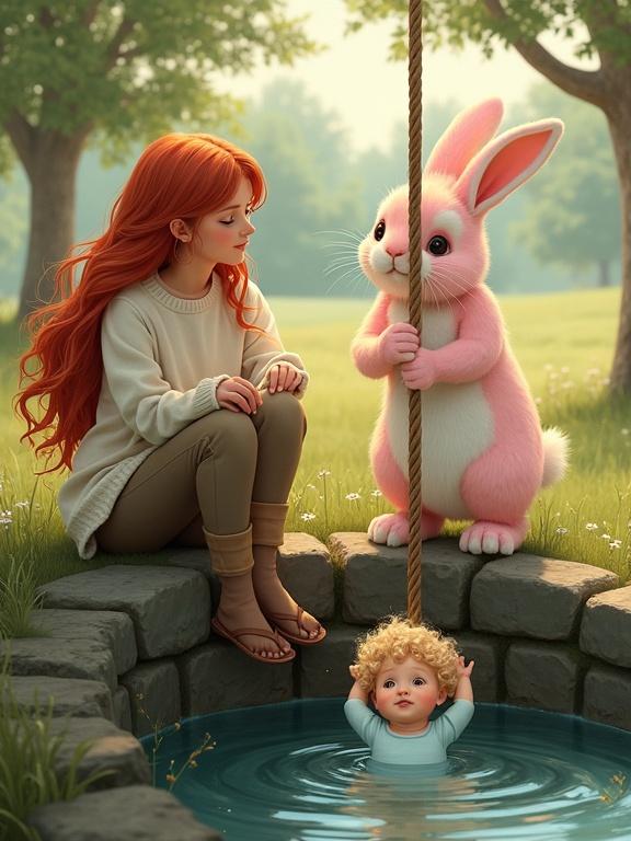 Heartwarming joyful scene featuring woman with long flowing red hair wearing cozy white sweater sitting on stone well edge. She pulls thick rope lifting something from well. Beside her human-sized pink rabbit stands on hind legs leaning forward gripping the rope helping to pull. Below in well baby with curly blonde hair wearing light blue onesie being lifted out. Baby appears calm safe. Background shows serene outdoor setting with grassy field and scattered trees. Soft sunlight filters through branches creating warm peaceful atmosphere. Overall mood conveys teamwork joy unexpected companionship.