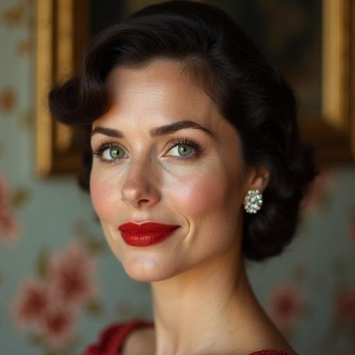 Portrait of a beautiful housewife from the 1950s. She has classic hairstyle and slight smile. Her eyes are green and lips are big and red. Floral wallpaper is in the background. She wears diamond earrings.
