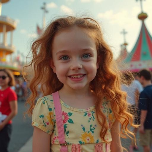 A young girl with curly hair and a floral dress smiles joyfully at an amusement park. The scene is bright and colorful with attractions in the background. The sunny atmosphere enhances the playful vibe.