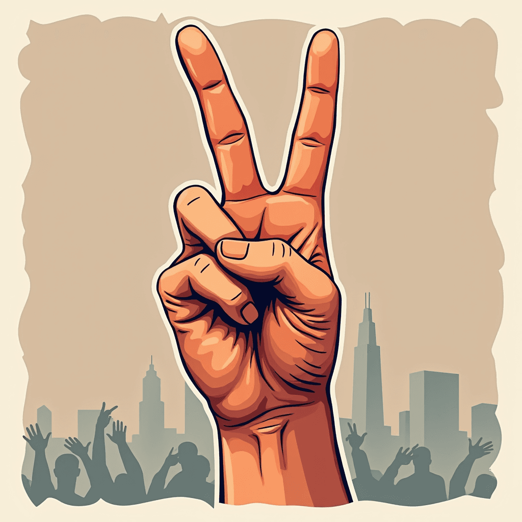 A stylized hand forms a peace sign against a backdrop of a city skyline, with silhouettes of cheering people.