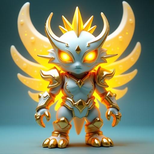Design a fantasy cartoon-style monster toy inspired by early 2000s Italian collectible figures like first-generation Gormiti. Radiant Sovereign stands at 14.5 cm. Majestic, armored body with smooth surfaces. Sun-shaped mask with glowing golden eyes. Large wing-like appendages made of light. Cartoonish, high-contrast PVC style with glossy paint. Color palette incorporates gold, white, light blue, and translucent yellow.
