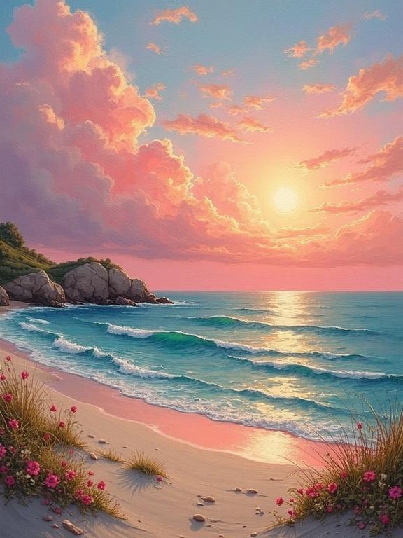 Beautiful sunset on a beach. Waves gently lap at the shore. Colorful clouds fill the sky. Rocks adorn the coastline. Flowers grow in the sandy foreground. Peaceful scene depicting a love-filled moment.