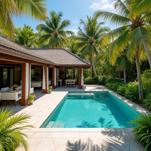 Beautiful outdoor setting at a resort or upscale private residence. Lush tropical landscape with a sparkling swimming pool. Comfortable al fresco dining area. Bright natural lighting. Suggests a sunny day.