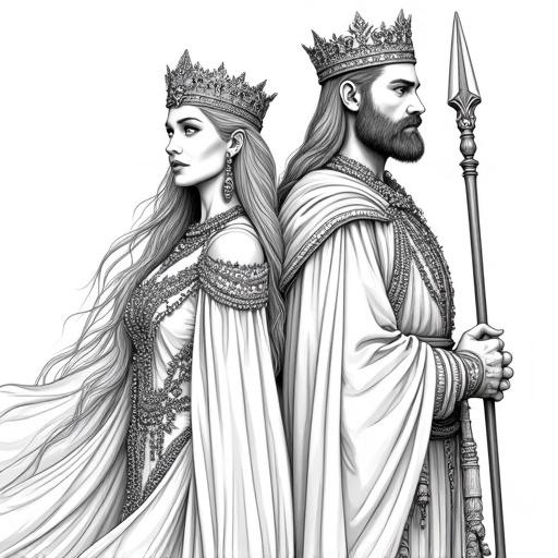 Dynamic black and white line art for adults. A regal queen and noble king stand back-to-back. The queen has long hair, wears a jeweled crown and intricate gown with detailed embroidery. The king is bearded, in complementary crown and light armor holding a spear. Strong determined expressions. Sharp lines, no color. Epic fantasy aesthetic.