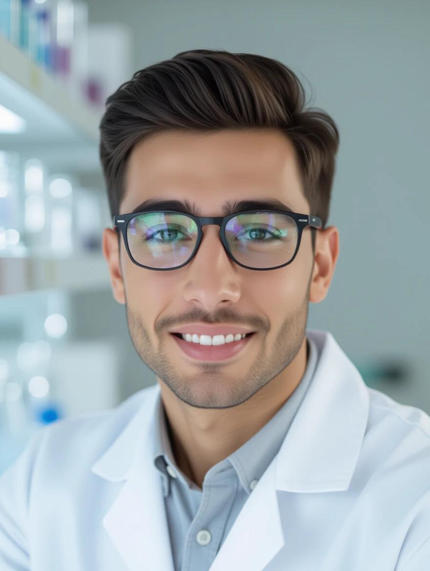 Young male medical biologist in a cytogenetics lab smiling at the camera. He is wearing a white lab coat and glasses. Background shows laboratory supplies.