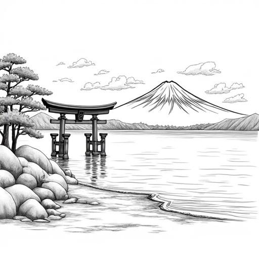 Iconic line art landscape featuring a traditional Japanese Torii gate near water. Background includes Mount Fuji. Foreground shows stylized rocks and shoreline with trees. Clean and evocative art style. Eye-level perspective.