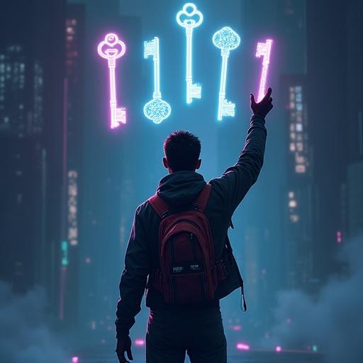 Digital illustration inspired by Ready Player One. Avatar Parzival standing confidently with arm extended. Four glowing keys above hand. Cinematic and gamified style with sci-fi elements. Line below: These 4 keys unlock the final treasure: Emotional Intelligence. Mysterious and adventurous tone.