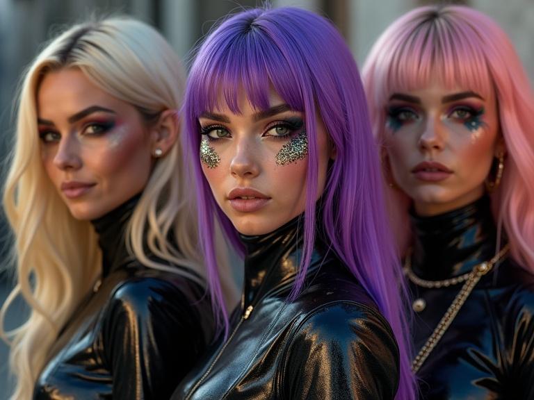 A young female music group depicted as superheroes. They wear black, silver, and gold outfits. Their hair is styled in punk fashion with intense colors. The scene is detailed with realism and textures. Lighting creates strong shadows and reflections.