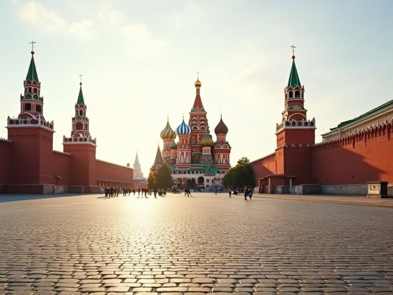 High-resolution photograph of Moscow Kremlin with clear architectural details. Large empty square Red Square in front. Iconic red walls, golden domes, and ornate towers are sharply focused. Scene in warm sunlight creating cinematic and atmospheric mood. No people present, allowing grandeur of Kremlin as main focus.